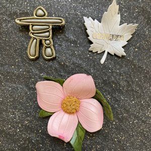 Canadian icons vintage brooches made of hematite, sterling & leather - set of 3
